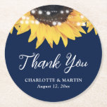 Sunflower Navy Blue Wedding Thank You Underlägg Papper Rund<br><div class="desc">Rustic navy blue and sunflower wedding favor coasters featuring sunflowers and string lights on a navy blue background. Perfect items for a navy blue rustic wedding party inspired by sunflower flowers. Inexpensive navy blue rustic wedding gifts,  or party décor.</div>