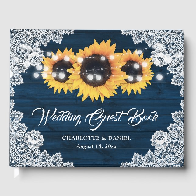 Sunflower Navy Blue Wood Floral Lace Wedding Gästböcker (Framsida)