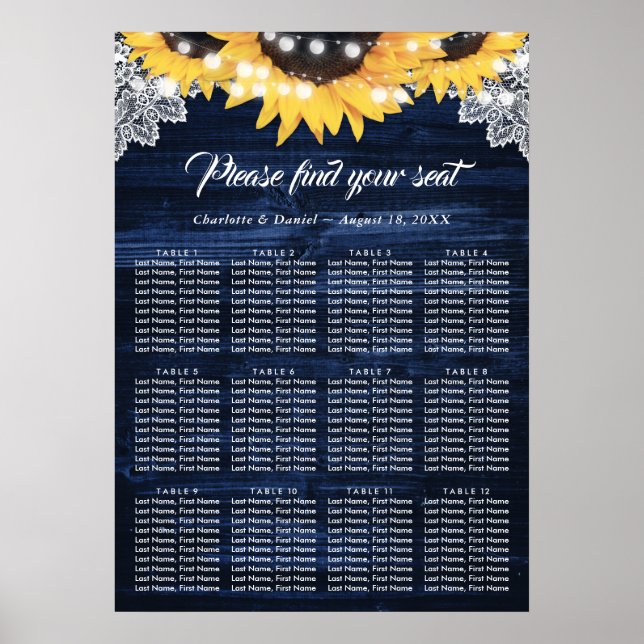 Sunflower Navy Blue Wood Wedding Seating Chart 12 Poster (Framsidan)