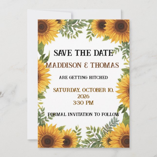 Sunflower Personalised Wedding Save The Date Card Inbjudningar (Framsida)