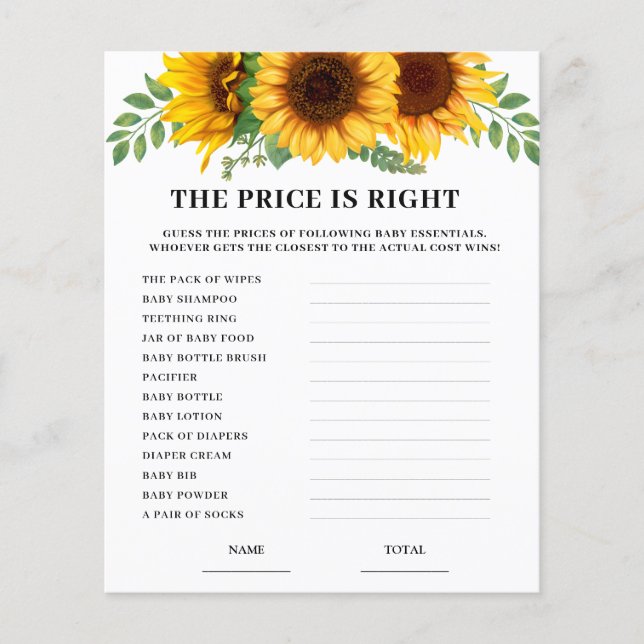 Sunflower Price is Right Baby Shower Game Card  (Framsida)