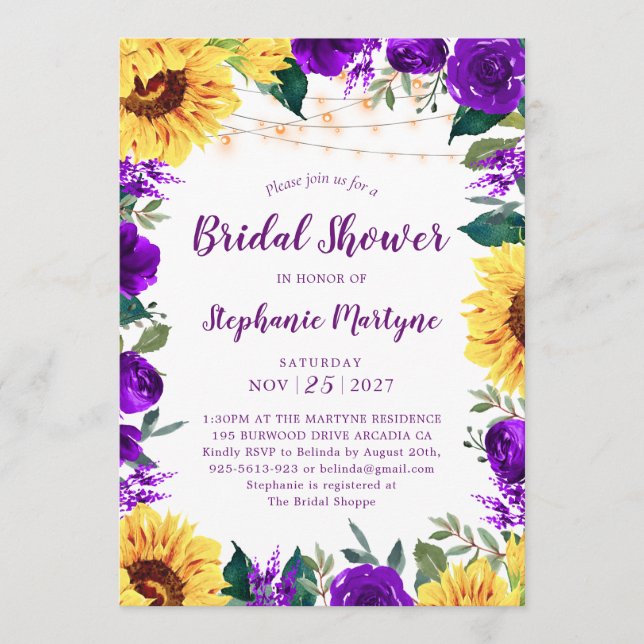 Sunflower Purple Floral Border Light Bridal Shower Inbjudningar (Framsida)