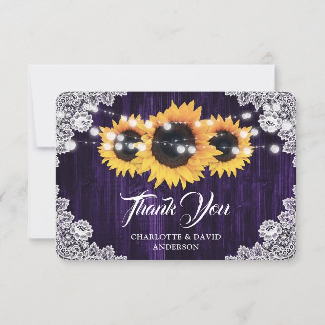 Sunflower Purple Rustic Wood Floral Lace Wedding Tack Kort (Framsida)