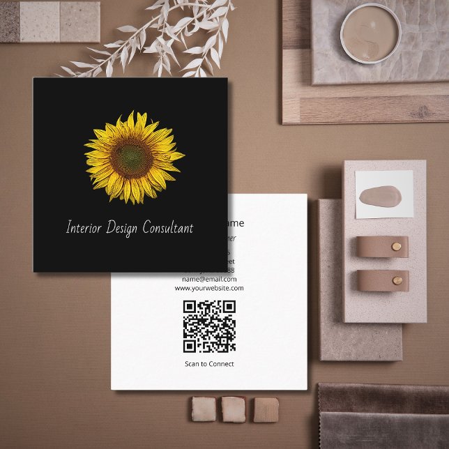 Sunflower QR code Interior Designer Black White  Fyrkantigt Visitkort (Skapare uppladdad)