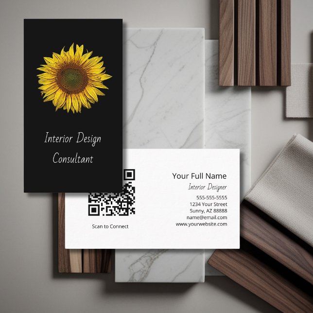 Sunflower QR code Interior Designer Modern Black  Visitkort (Skapare uppladdad)
