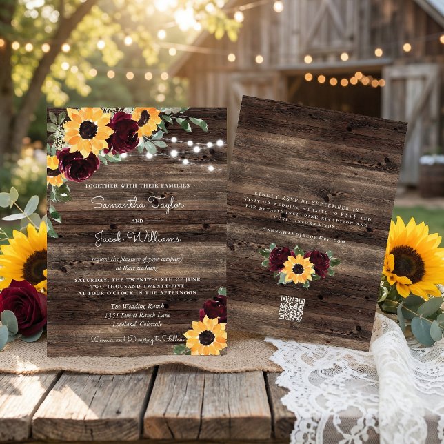 Sunflower Roses Barn QR Code Wedding Inbjudningar (Skapare uppladdad)