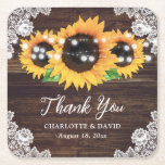 Sunflower Rustic Wood Lace Wedding Thank You Underlägg Papper Kvadrat<br><div class="desc">These elegant rustic sunflower wedding coasters are ideal favors for your rustic summer or fall wedding party inspired by sunflower flowers.</div>