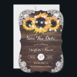 Sunflower Rustic Wood String Lights Floral Lace Spara Datumet<br><div class="desc">Rustic sunflower wedding save the date card are featuring sunflowers,  delicate floral lace and string lights against a rustic wood background.</div>