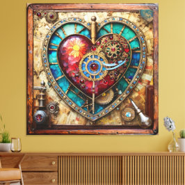 Sunflower Stained Glass Heart Steampunk Series Canvastryck