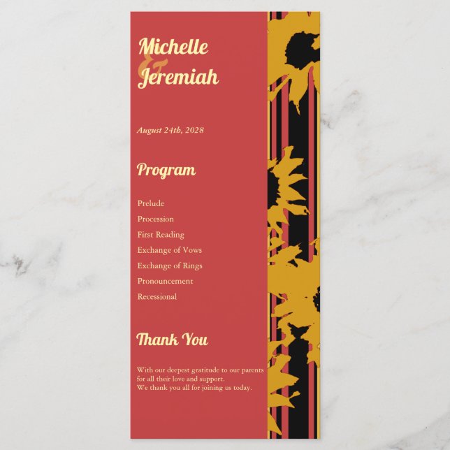 Sunflower Summer Gold Red Wedding  Program (Framsida)