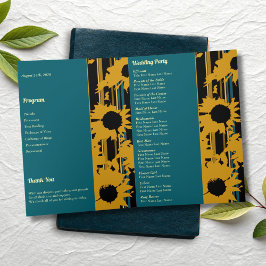 Sunflower Teal Blue Gold Modern Folded Wedding  Program