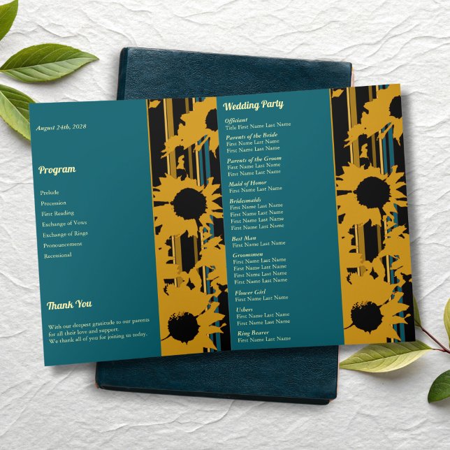 Sunflower Teal Blue Gold Modern Folded Wedding  Program (Skapare uppladdad)