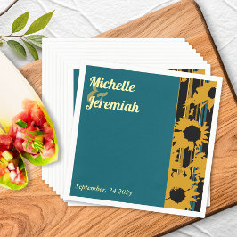 Sunflower Teal Blue Gold Modern Wedding Cocktail Pappersservett