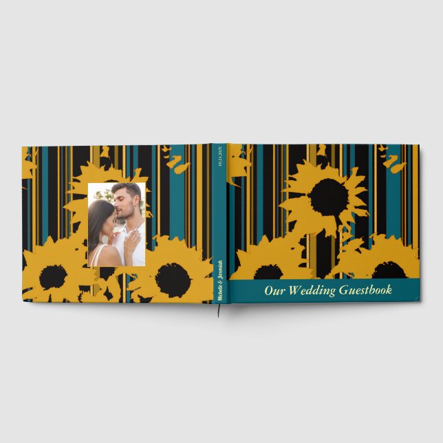 Sunflower Teal Blue Gold Modern Wedding Gästböcker (Full)