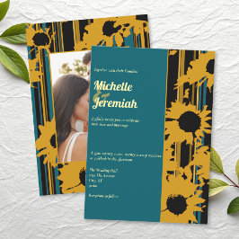 Sunflower Teal Blue Gold Modern Wedding Inbjudningar