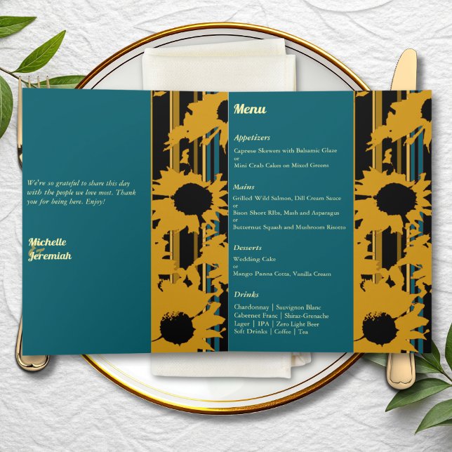 Sunflower Teal Blue Gold Modern Wedding Menu Kort (Skapare uppladdad)