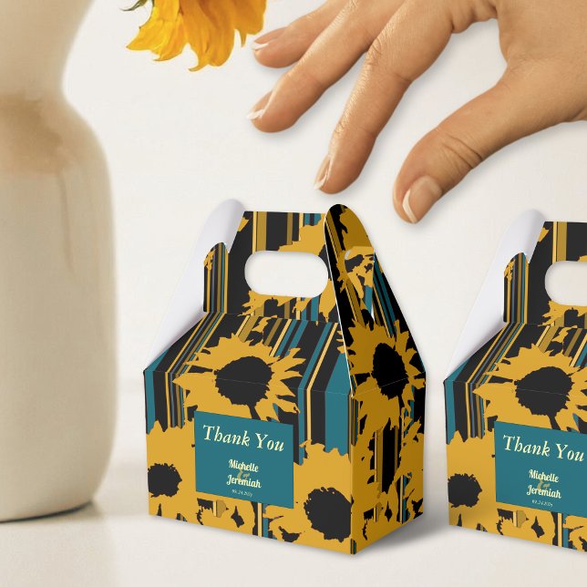 Sunflower Teal Blue Gold Modern Wedding Presentaskar (Skapare uppladdad)
