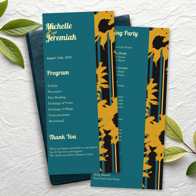 Sunflower Teal Blue Gold Modern Wedding Program (Skapare uppladdad)