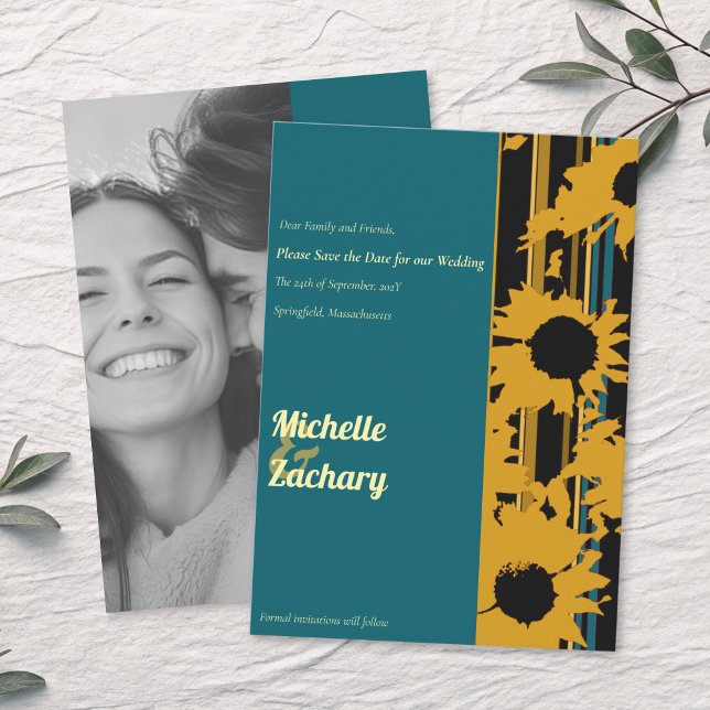 Sunflower Teal Blue Gold Wedding Photo Spara Datumet (Skapare uppladdad)