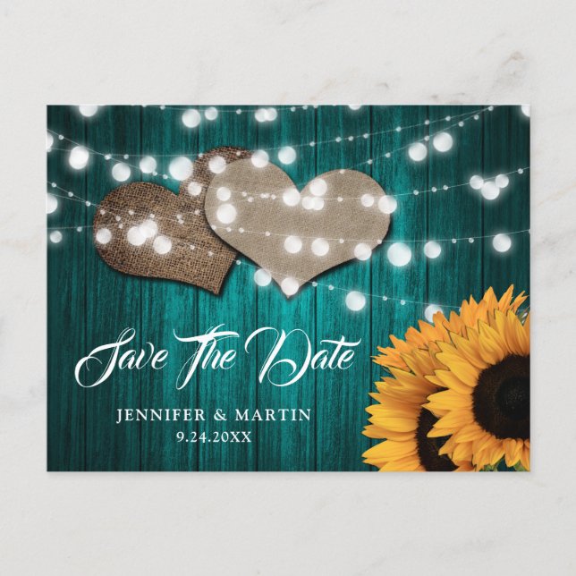 Sunflower Teal Wood Wedding Save The Date Vykort (Framsida)