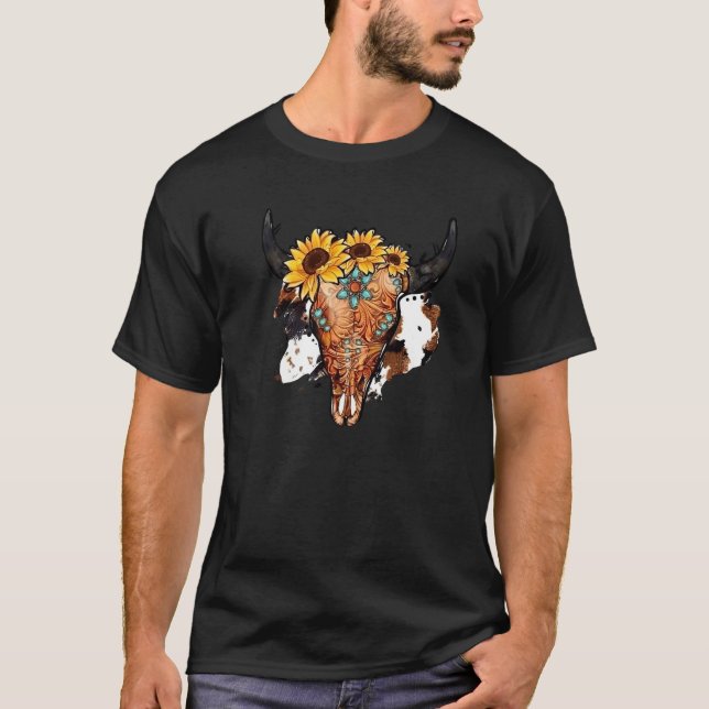 Sunflower Turquoise Boho Bull Skull Rodeo Western  T Shirt (Framsida)