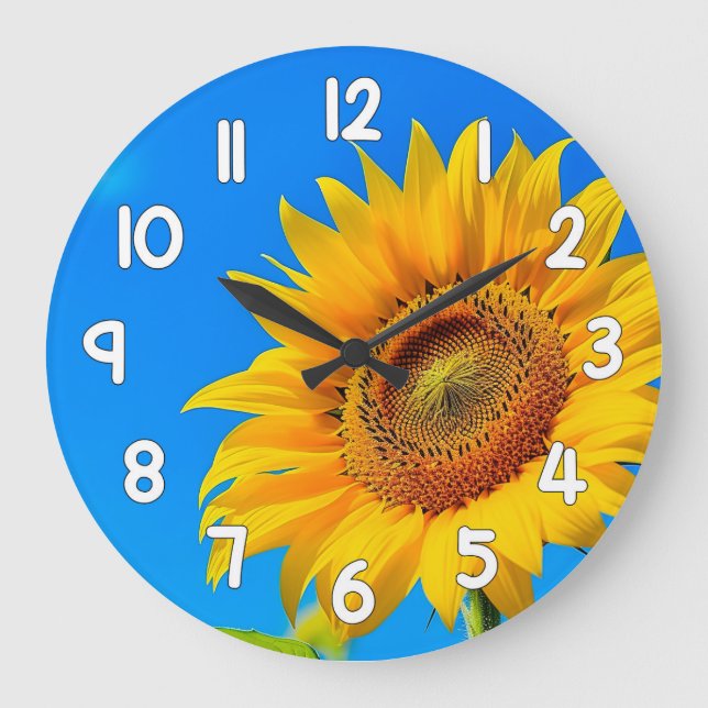 Sunflower Wall Clock Blue Background Floral Decor Stor Klocka (Framsida)