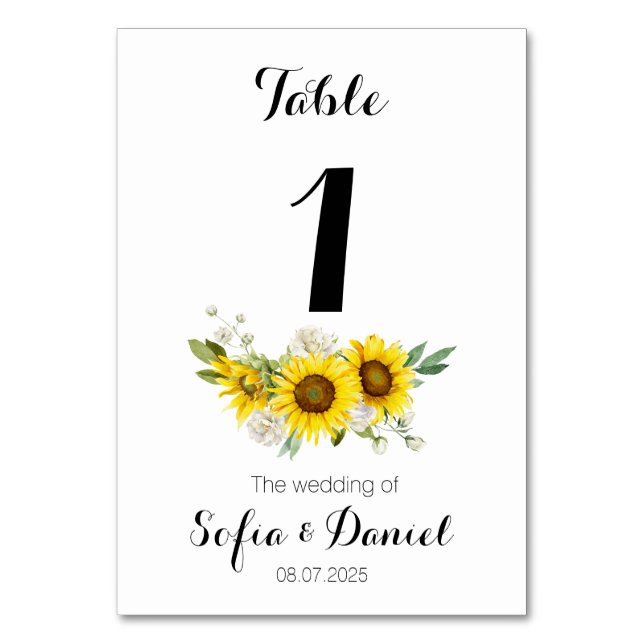 Sunflower watercolor white rose wedding  bordsnummer (Framsidan)