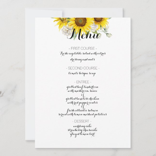 Sunflower white rose rustic wedding menu julkort (Framsida)