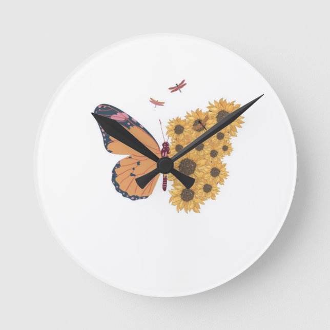 Sunflower Wings Timepiece – Butterfly Nature Wall  Rund Klocka (Framsida)