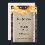 Sunflower Wood Burlap Lace Wedding Spara Datumet<br><div class="desc">Rustic sunflower wedding save the date card featuring a burlap and lace runner with sunflowers and string lights on a barn wood background. Two burlap hearts at the back.</div>