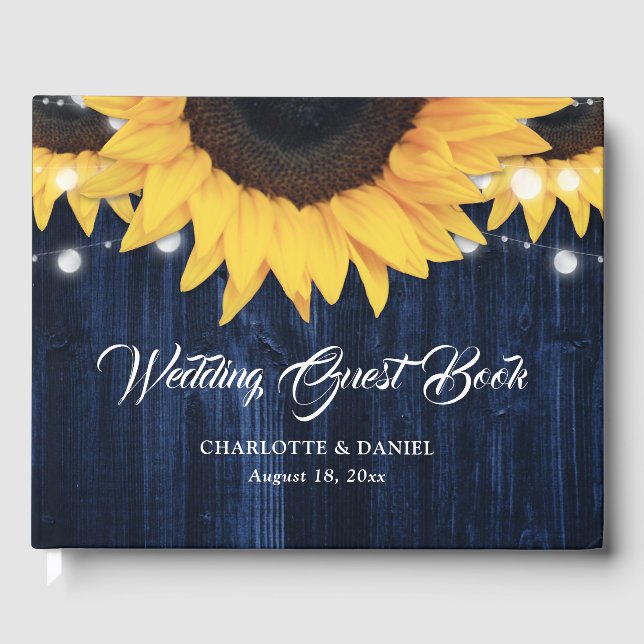 Sunflower Wood String Lights Navy Blue Wedding Gästböcker (Framsida)