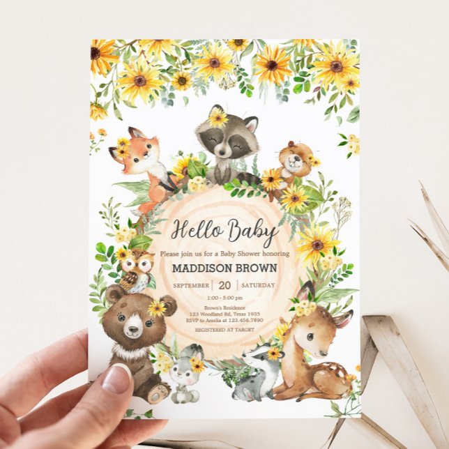 Sunflower Woodland Animals Baby Shower Inbjudningar (Sunflower Woodland Animals Floral Baby Shower Invitation)