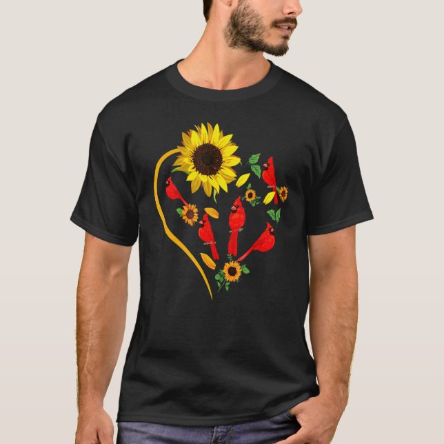 Sunflowers Cardinal Birds Cute Heart Shape Funny B T Shirt (Framsida)