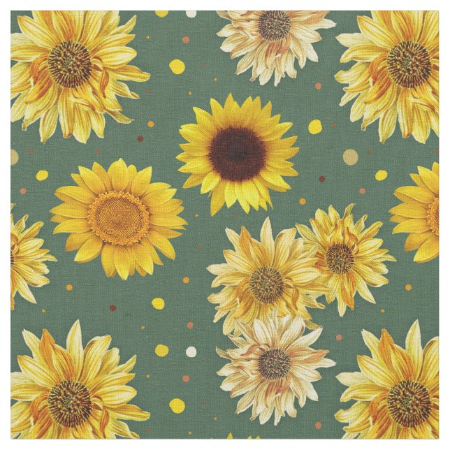 Sunflowers Dots Green Repeating Pattern Fabric Tyg (Närbild)
