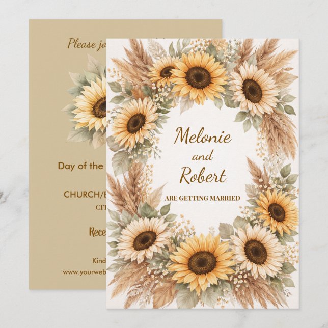 Sunflowers Earthy Boho Wedding Invitation Inbjudningar (Fram/baksida)