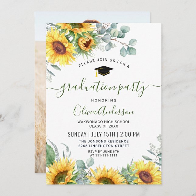 Sunflowers Eucalyptus Graduation Party PHOTO Inbjudningar (Fram/baksida)