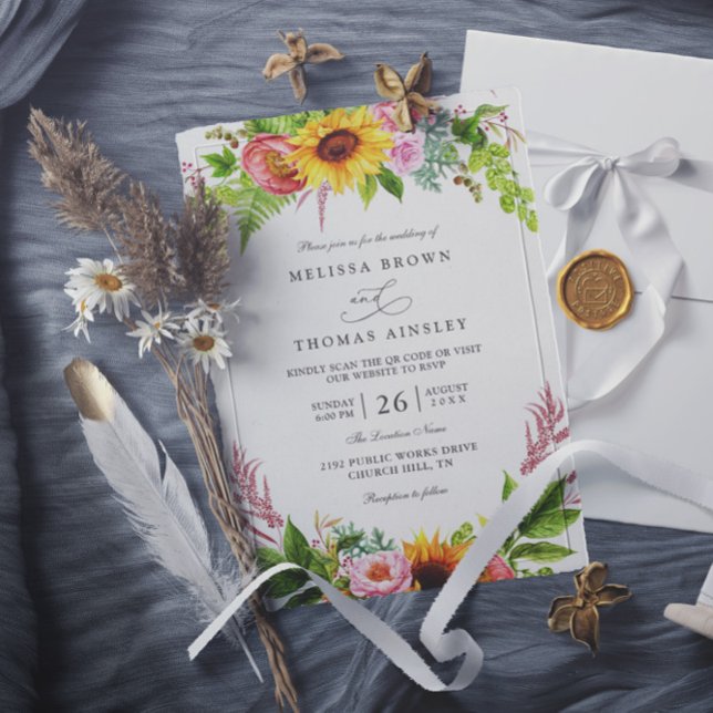 Sunflowers Floral Pink Rustic Chic QR Code Wedding Inbjudningar (Skapare uppladdad)