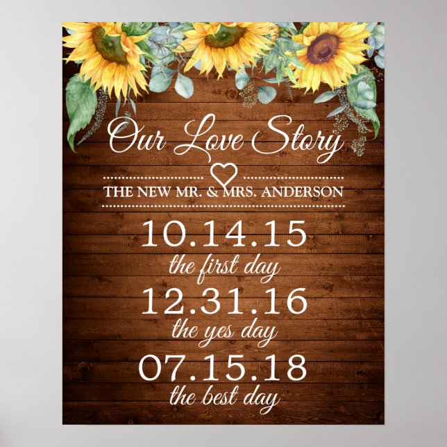 Sunflowers Our Love Story Timeline Wedding Sign Poster (Framsidan)