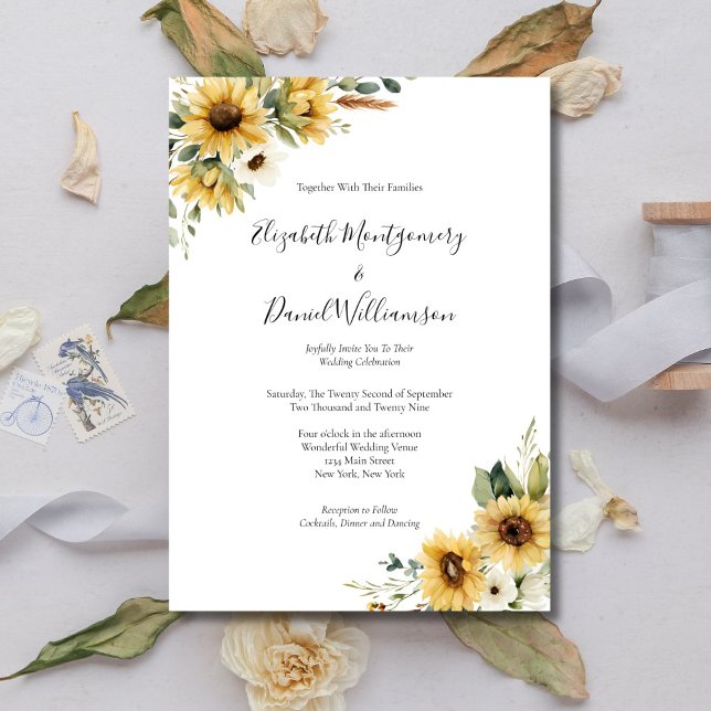 Sunflowers Rustic Farmhouse Elegant Formal Wedding Inbjudningar (Sunflower Watercolor Florals Rustic Farmhouse Country Wedding invitation, Printed or Digital)