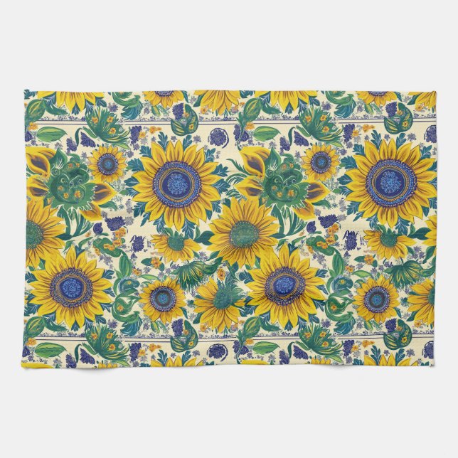 Sunflowers. Ukrainian Petrikivka folk art pattern. Kökshandduk (Horisontell)