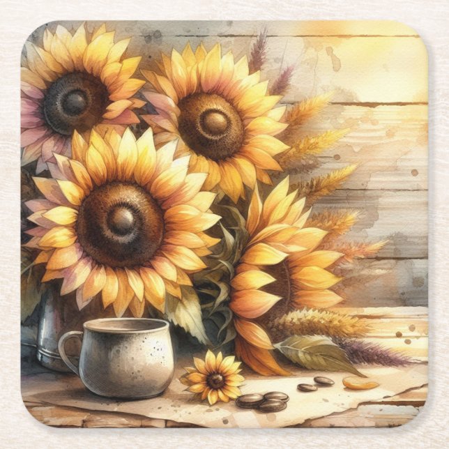 Sunflowers Watercolor Painting Underlägg Papper Kvadrat (Framsidan)