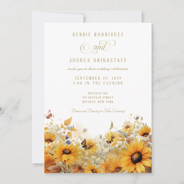 Sunflowers with Butterflies Wedding Invitation  Inbjudningar (Framsida)