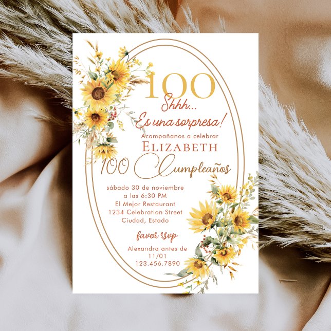 Sunflowers Women Spanish Surprise 100th Birthday Inbjudningar (Skapare uppladdad)