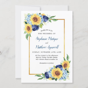 Sunflowes Dusty Blue Blommigt Guld Gräns Bröllop Inbjudningar