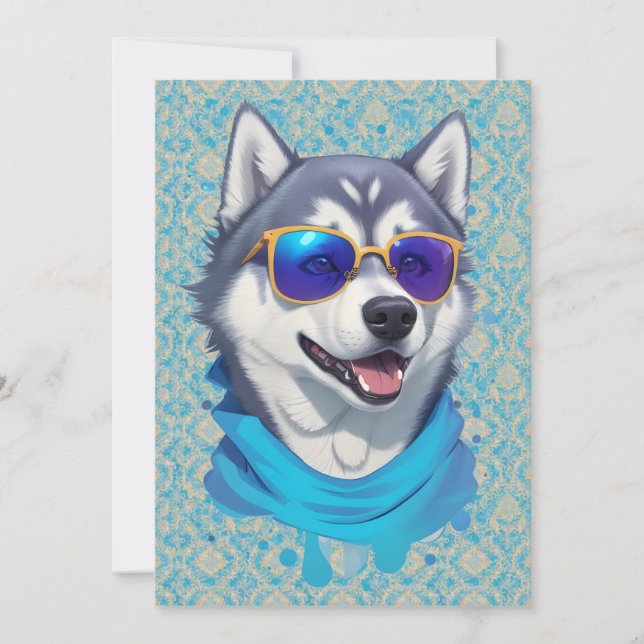 Sunglass-Wearing Husky Hund i Playful Stänk Julkort (Framsida)