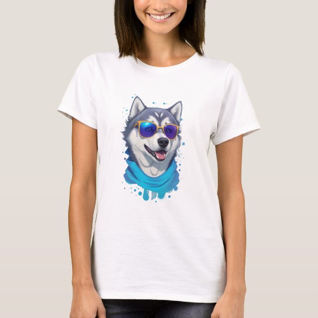 Sunglass-Wearing Husky Hund i Playful Stänk T Shirt (Framsida)
