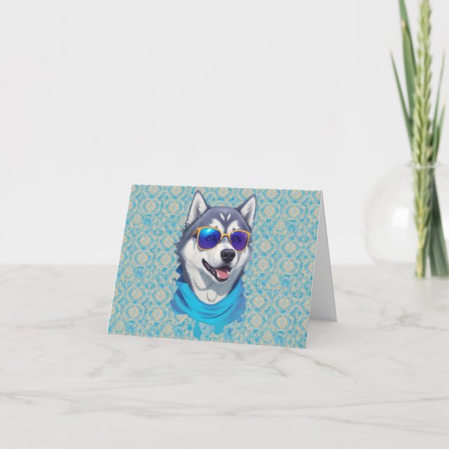 Sunglass-Wearing Husky Hund i Playful Stänk Tack Kort (Framsida)