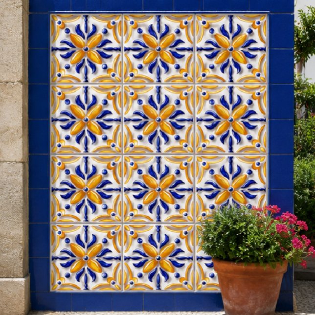 Sunlit Algarve Handcrafted Portuguese Blue Yellow Kakelplatta (Skapare uppladdad)