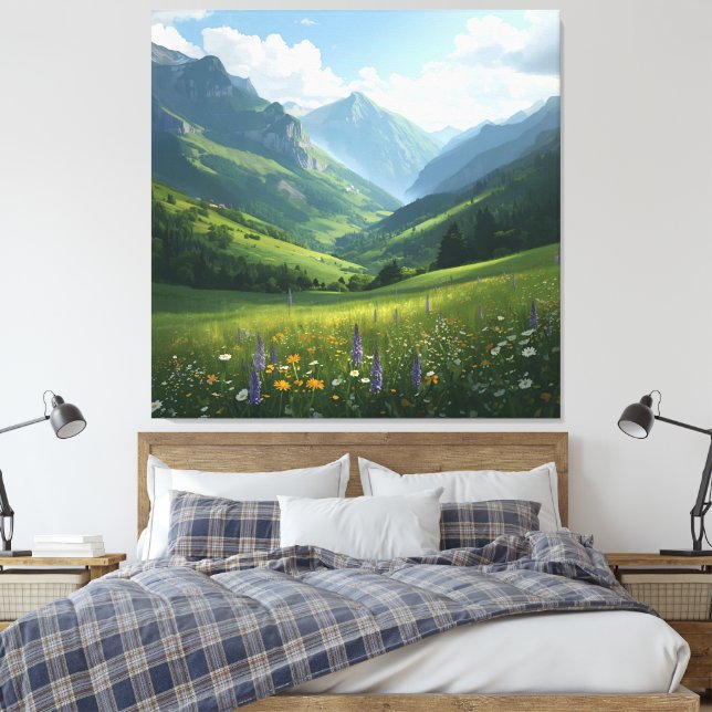 Sunlit Alpine Meadow - Scenia Mountain Canvas för (Insitu (sovrum))