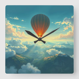 Sunlit Balloon Ride - Dreamlike Illustration Style Fyrkantig Klocka